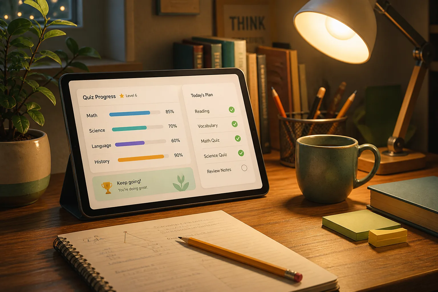 Evening study desk with a tablet showing homework quiz progress