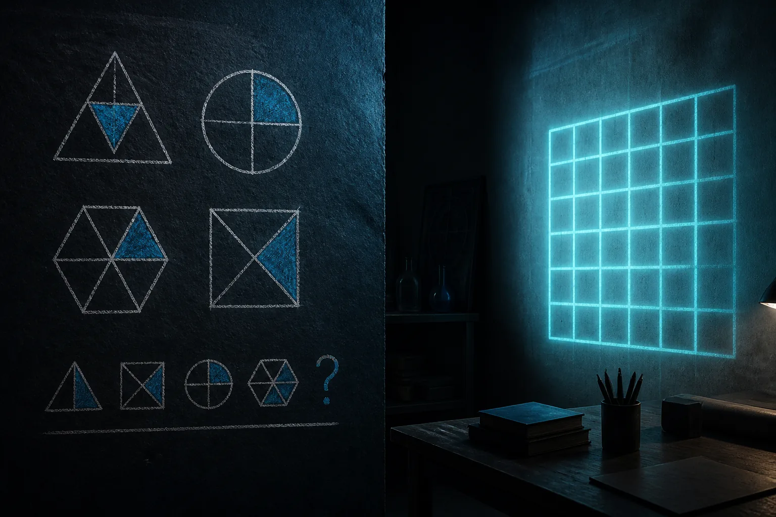 Geometric puzzle figures arranged on a wooden grid