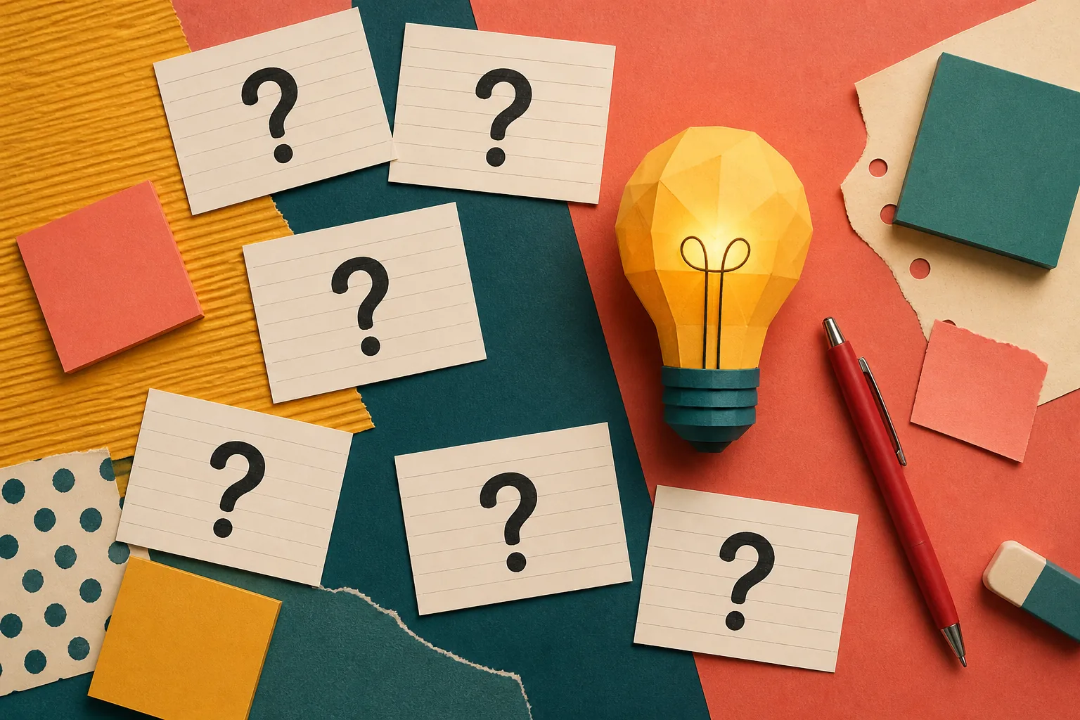 Craft desk with question-mark cards and sticky notes for quiz writing